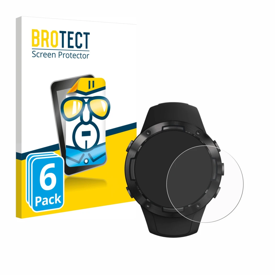 Parte frontal de un envase de producto con el logotipo de la marca BROTECT. Al lado se muestra el dispositivo Suunto 5 con su