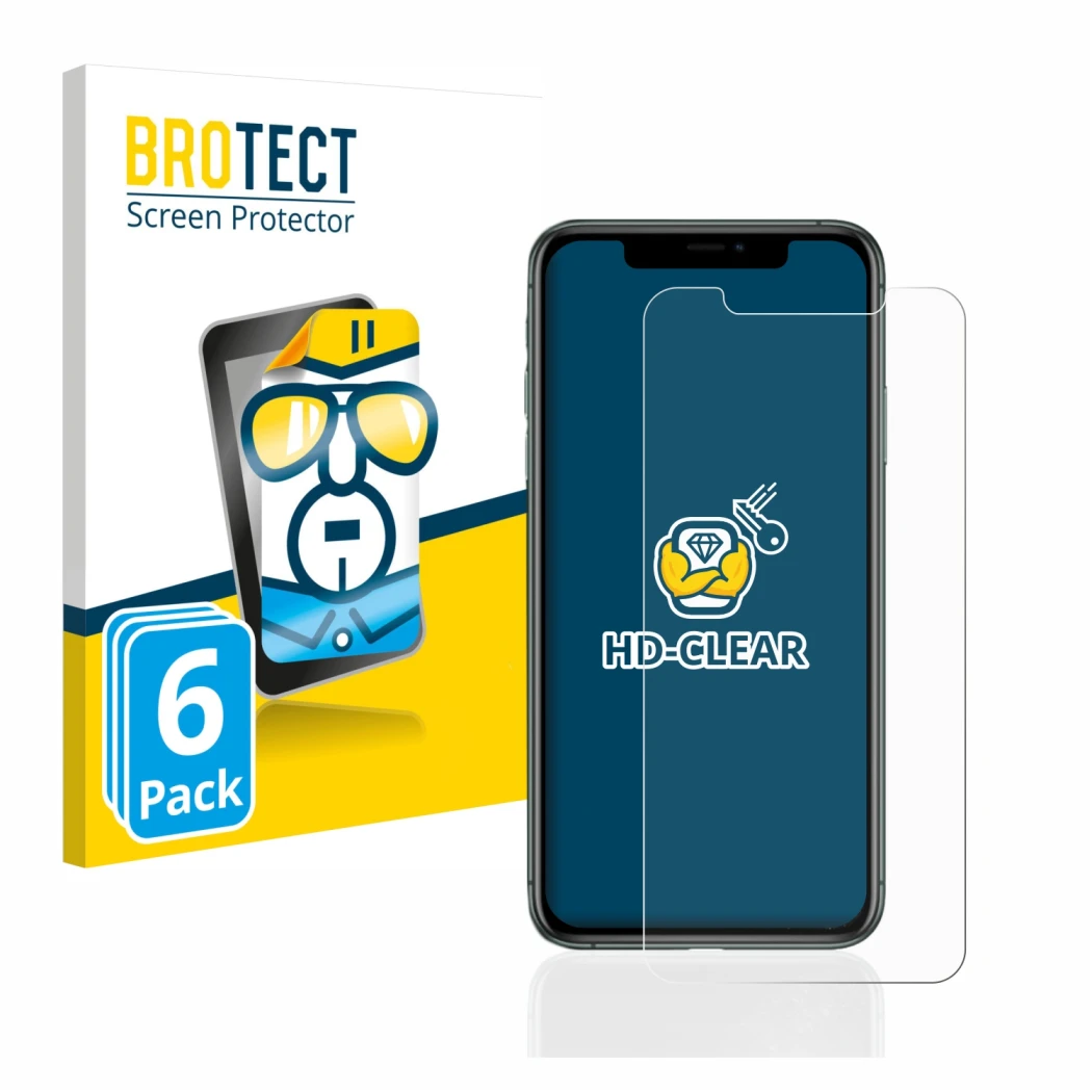 Parte frontal de un envase de producto con el logotipo de la marca BROTECT. Al lado se muestra el dispositivo Apple iPhone 11