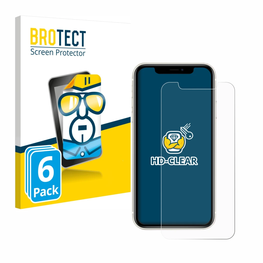 Parte frontal de un envase de producto con el logotipo de la marca BROTECT. Al lado se muestra el dispositivo Apple iPhone 11