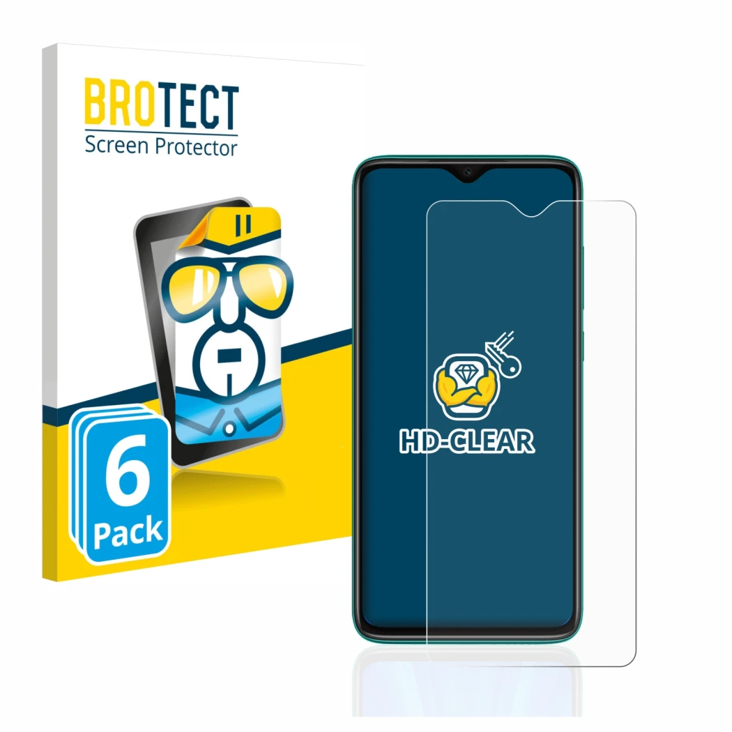 Parte frontal de un envase de producto con el logotipo de la marca BROTECT. Al lado se muestra el dispositivo Xiaomi Redmi Not