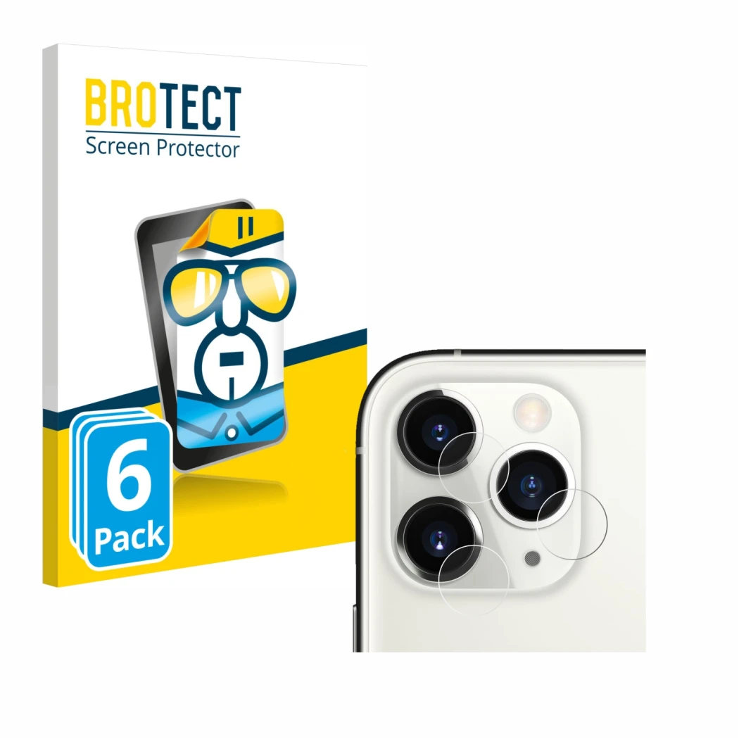 Parte frontal de un envase de producto con el logotipo de la marca BROTECT. Al lado se muestra el dispositivo Apple iPhone 11 