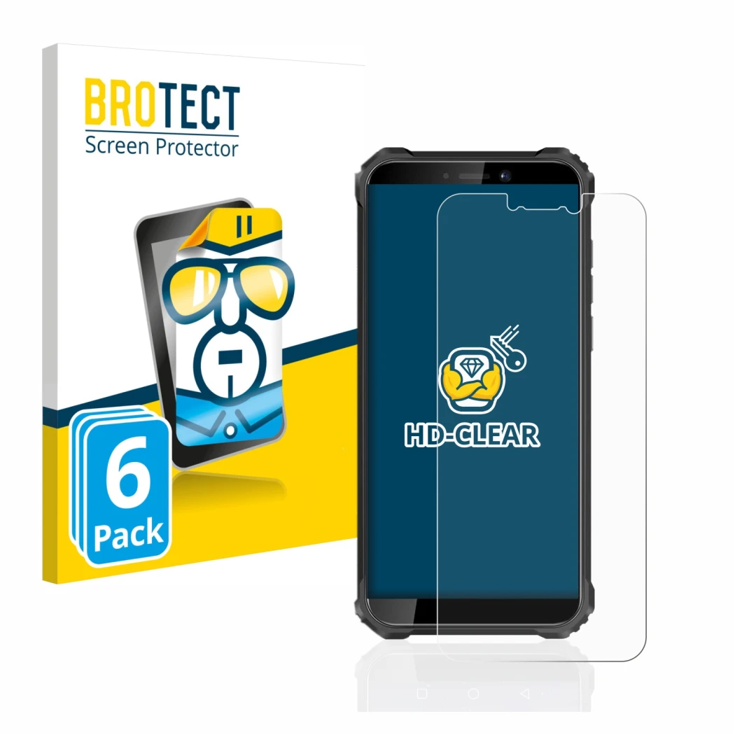 Parte frontal de un envase de producto con el logotipo de la marca BROTECT. Al lado se muestra el dispositivo Oukitel WP5 Pro