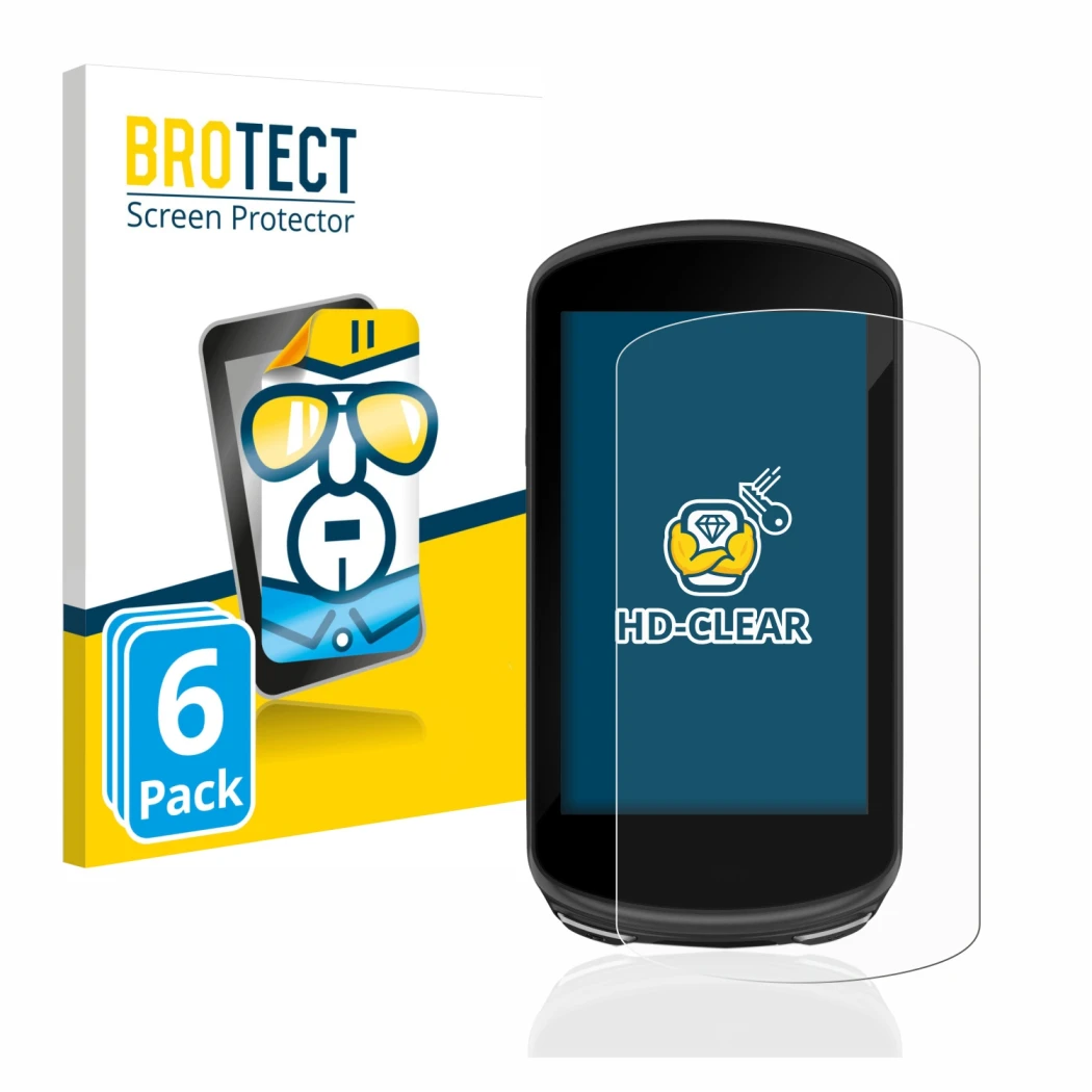 Parte frontal de un envase de producto con el logotipo de la marca BROTECT. Al lado se muestra el dispositivo Garmin Edge 1030