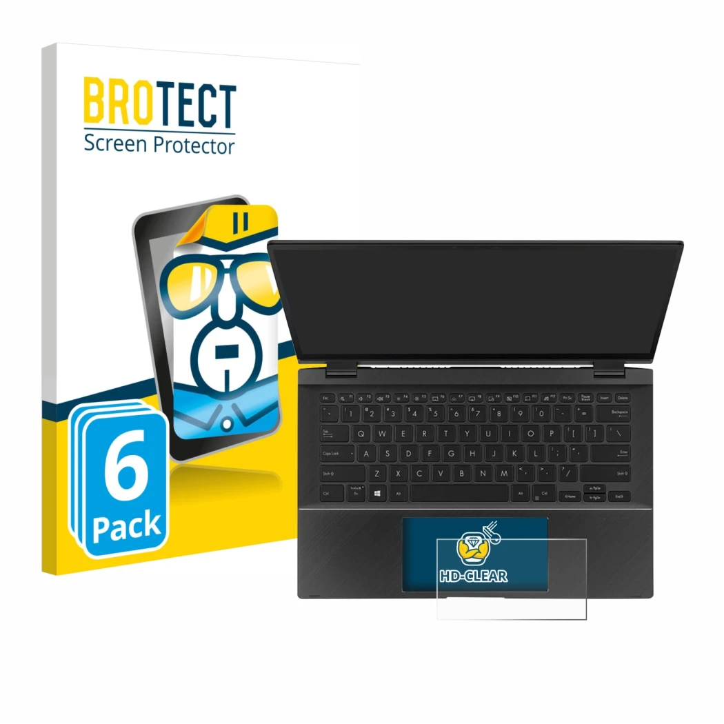 Parte frontal de un envase de producto con el logotipo de la marca BROTECT. Al lado se muestra el dispositivo ASUS ZenBook Fli