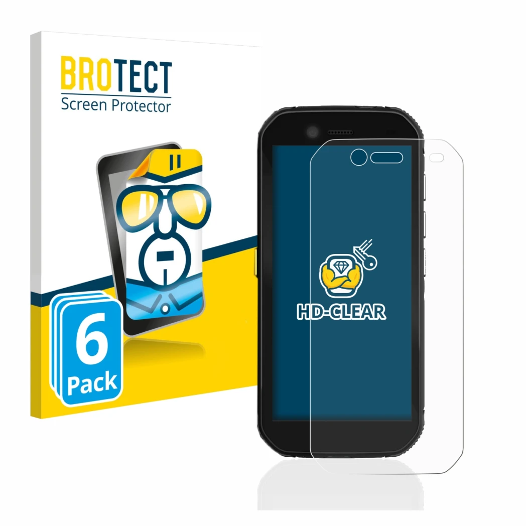 Parte frontal de un envase de producto con el logotipo de la marca BROTECT. Al lado se muestra el dispositivo Caterpillar Cat 