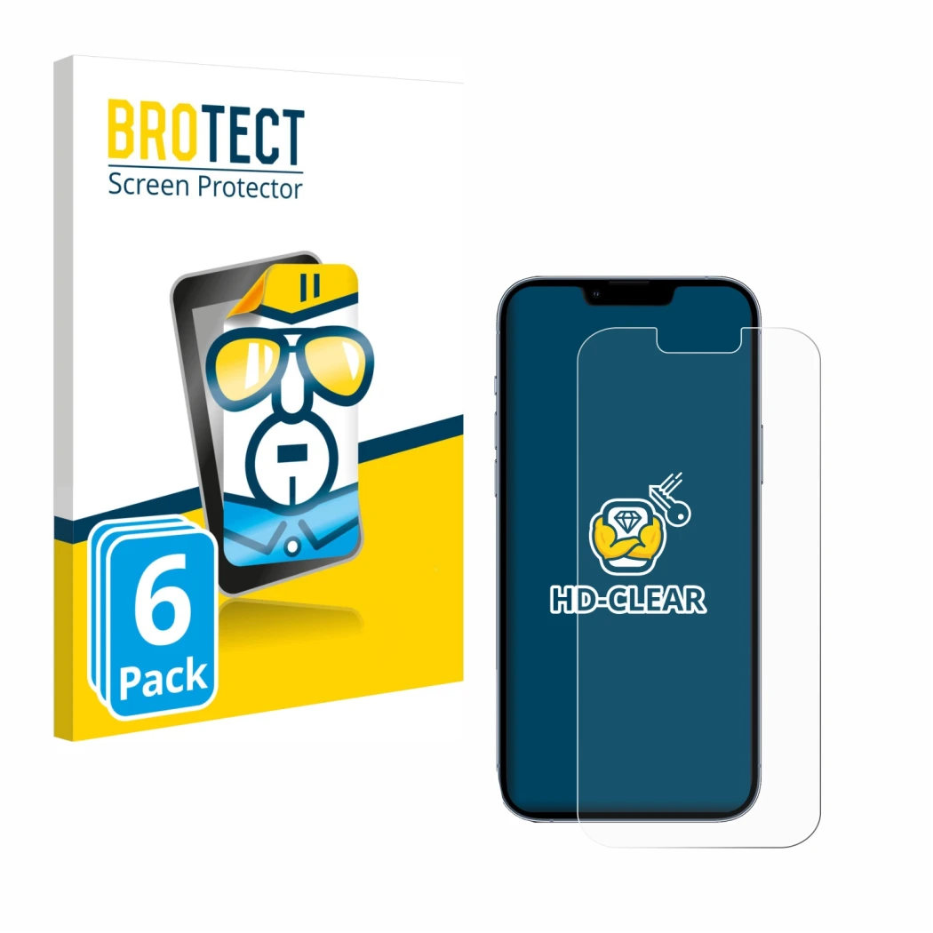 Parte frontal de un envase de producto con el logotipo de la marca BROTECT. Al lado se muestra el dispositivo Apple iPhone 13