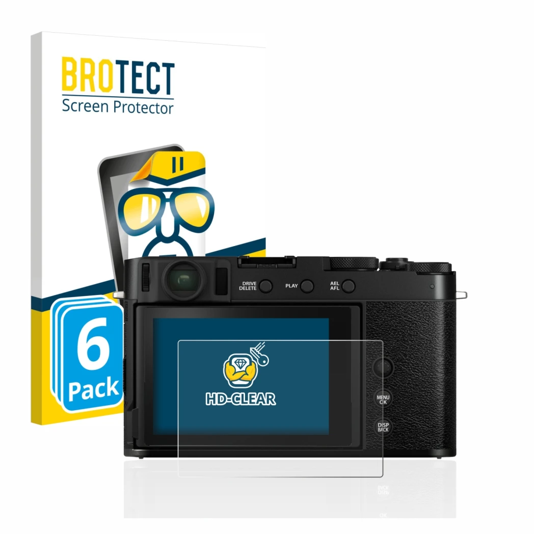 Parte frontal de un envase de producto con el logotipo de la marca BROTECT. Al lado se muestra el dispositivo Fujifilm X-E4 co