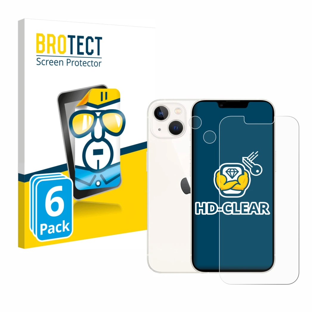 Parte frontal de un envase de producto con el logotipo de la marca BROTECT. Al lado se muestra el dispositivo Apple iPhone 13 