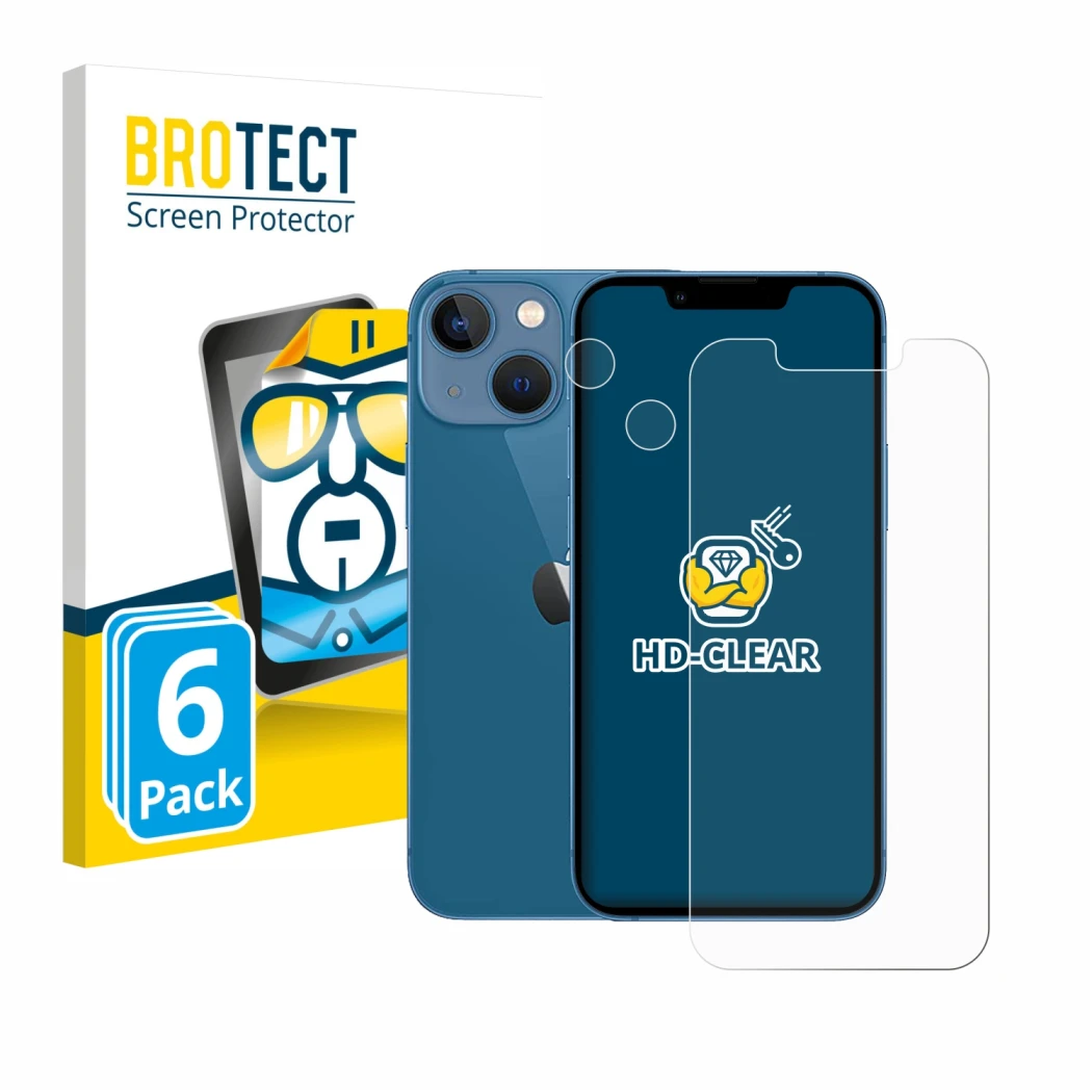 Parte frontal de un envase de producto con el logotipo de la marca BROTECT. Al lado se muestra el dispositivo Apple iPhone 13 