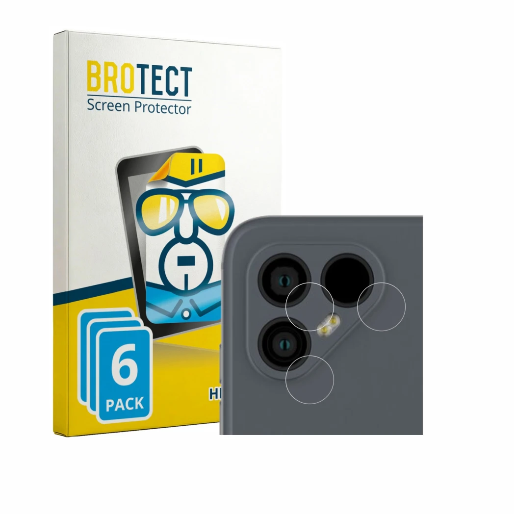 Parte frontal de un envase de producto con el logotipo de la marca BROTECT. Al lado se muestra el dispositivo Fairphone 4 (SÓL