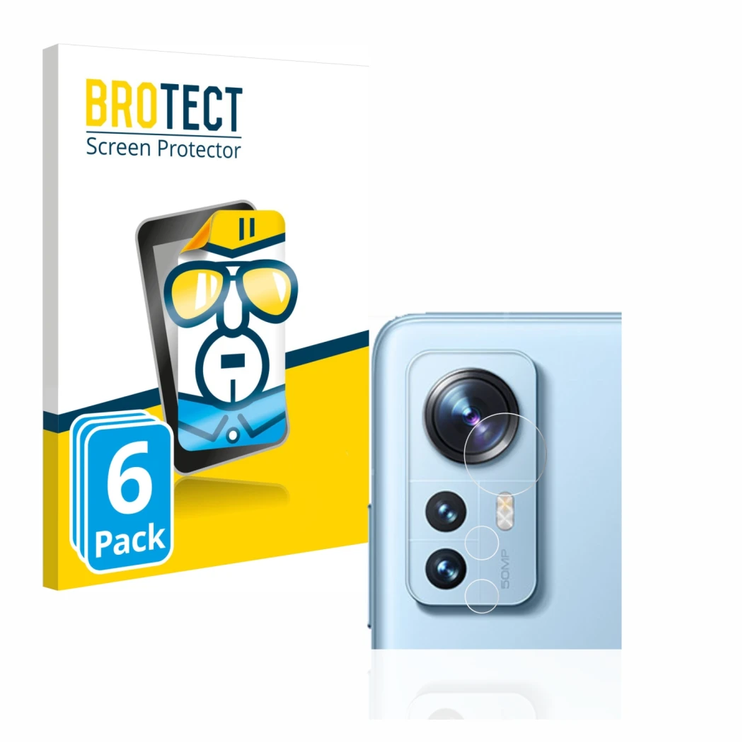 Parte frontal de un envase de producto con el logotipo de la marca BROTECT. Al lado se muestra el dispositivo Xiaomi 12 Pro (S