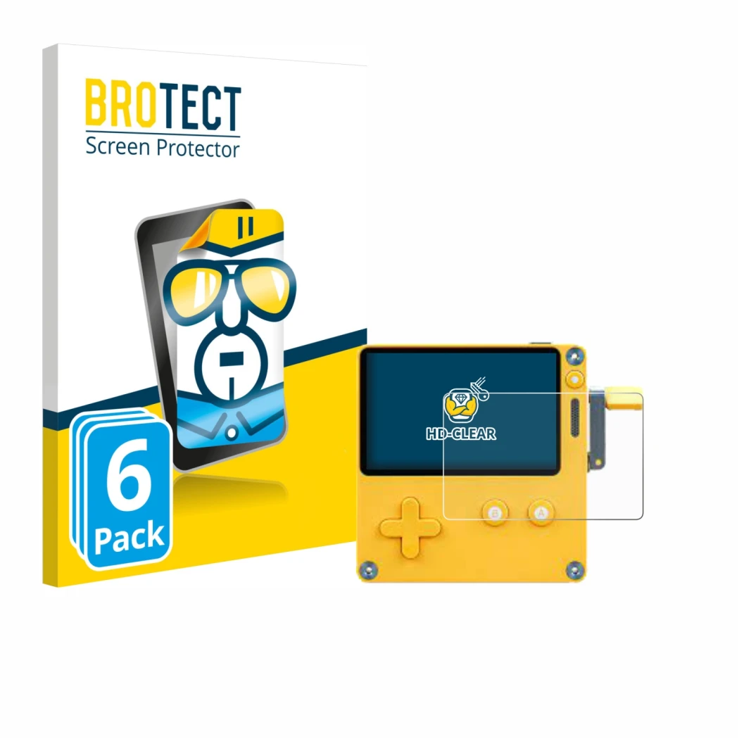 Parte frontal de un envase de producto con el logotipo de la marca BROTECT. Al lado se muestra el dispositivo Panic Playdate c