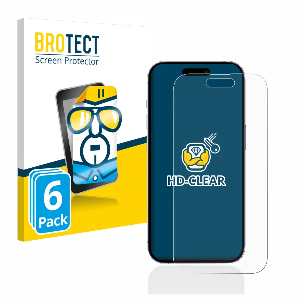 Parte frontal de un envase de producto con el logotipo de la marca BROTECT. Al lado se muestra el dispositivo Apple iPhone 14 