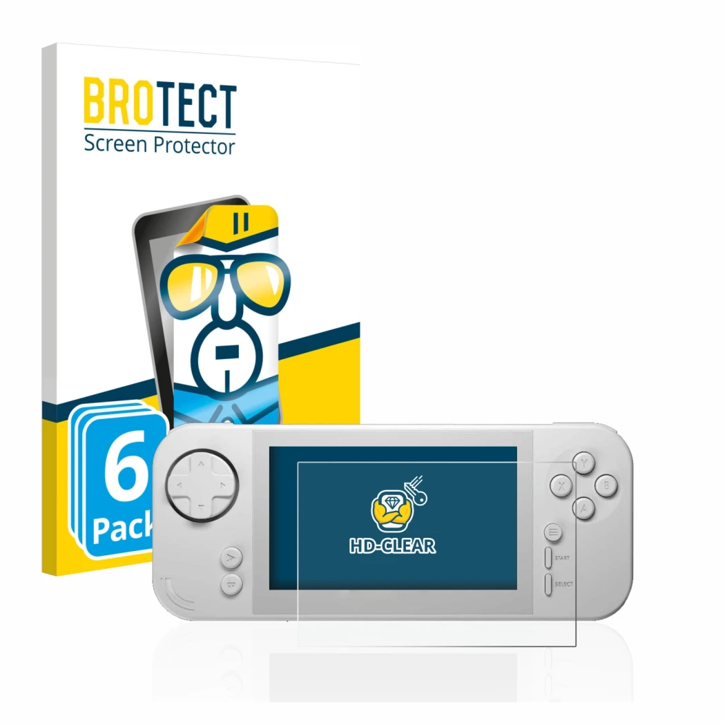 Parte frontal de un envase de producto con el logotipo de la marca BROTECT. Al lado se muestra el dispositivo Evercade EXP con