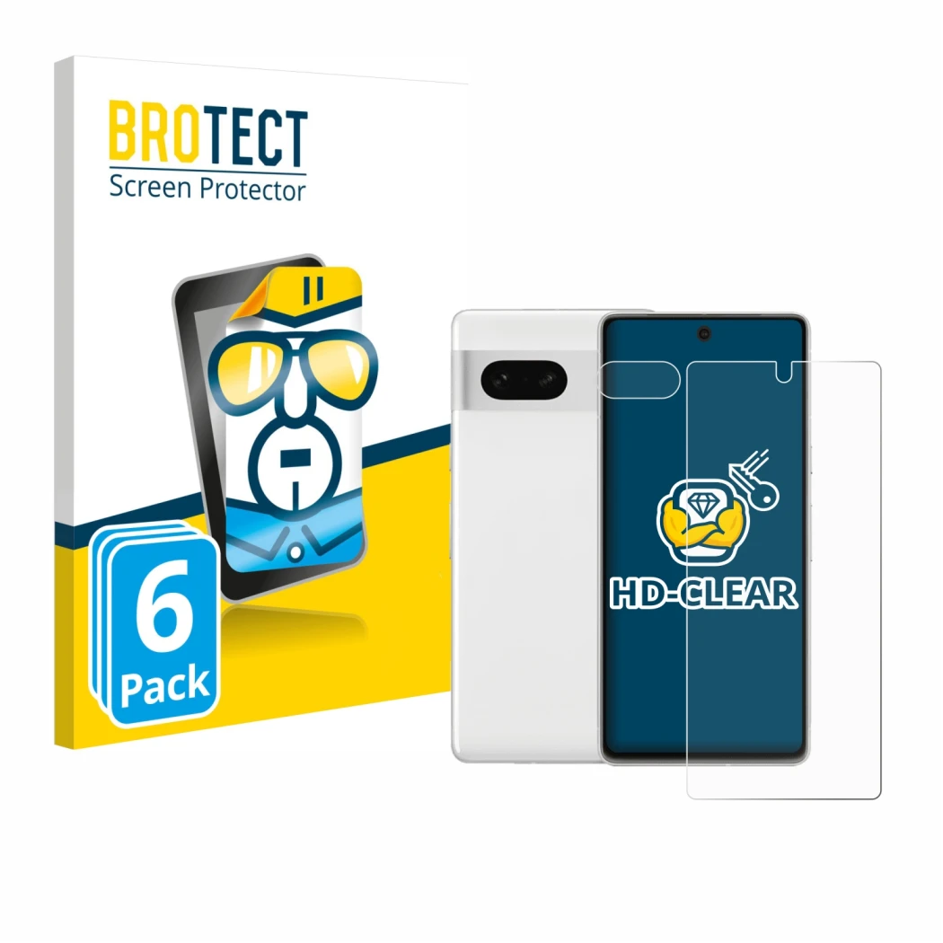 Parte frontal de un envase de producto con el logotipo de la marca BROTECT. Al lado se muestra el dispositivo Google Pixel 7 (