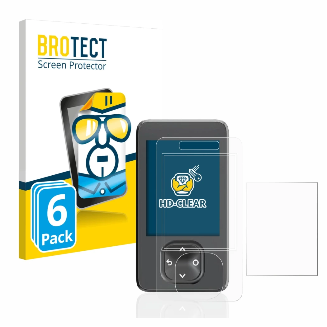 Parte frontal de un envase de producto con el logotipo de la marca BROTECT. Al lado se muestra el dispositivo Dexcom G7 CGM co