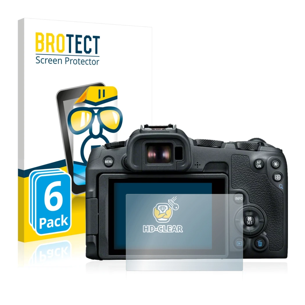 Parte frontal de un envase de producto con el logotipo de la marca BROTECT. Al lado se muestra el dispositivo Canon EOS R8 con