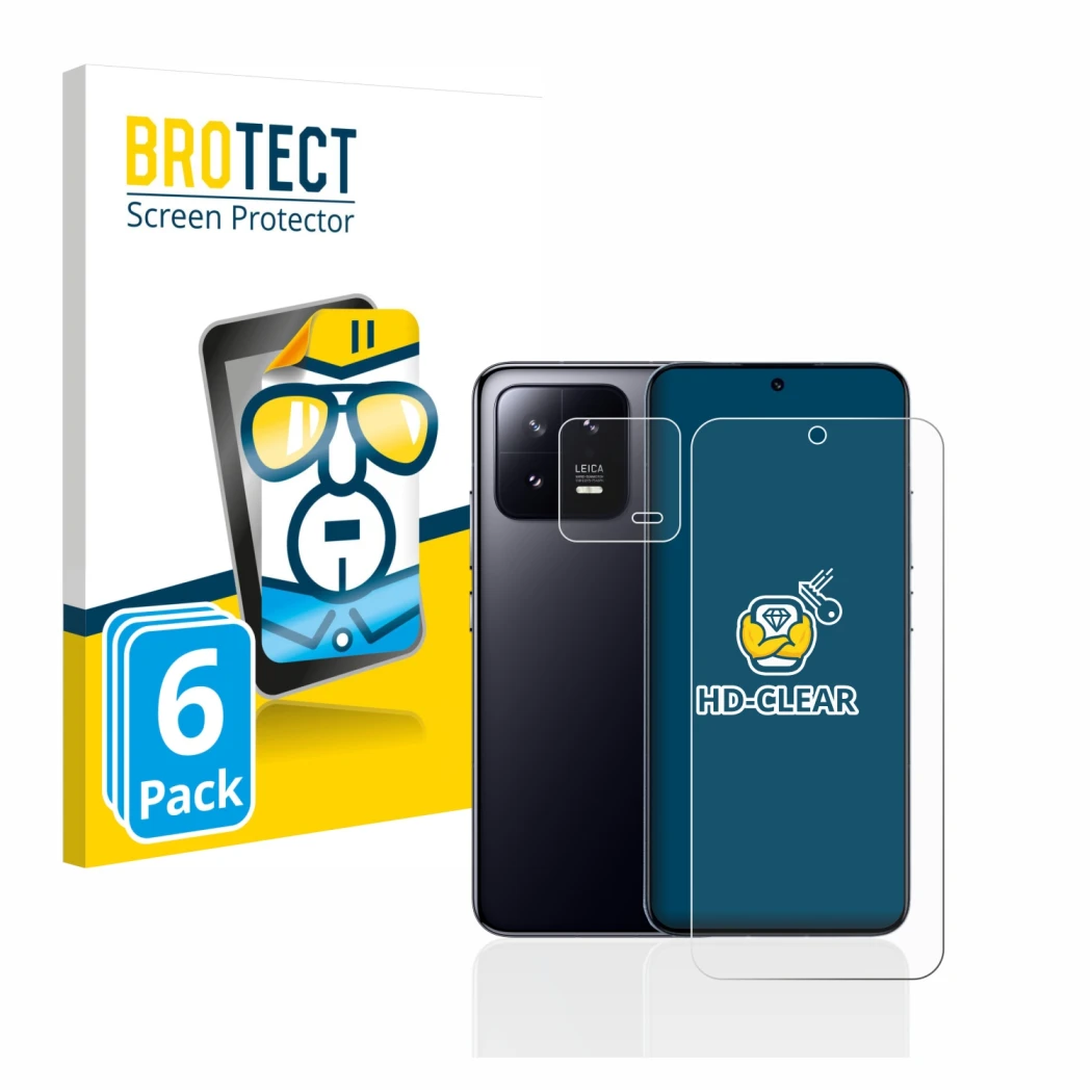 Parte frontal de un envase de producto con el logotipo de la marca BROTECT. Al lado se muestra el dispositivo Xiaomi 13 (Front