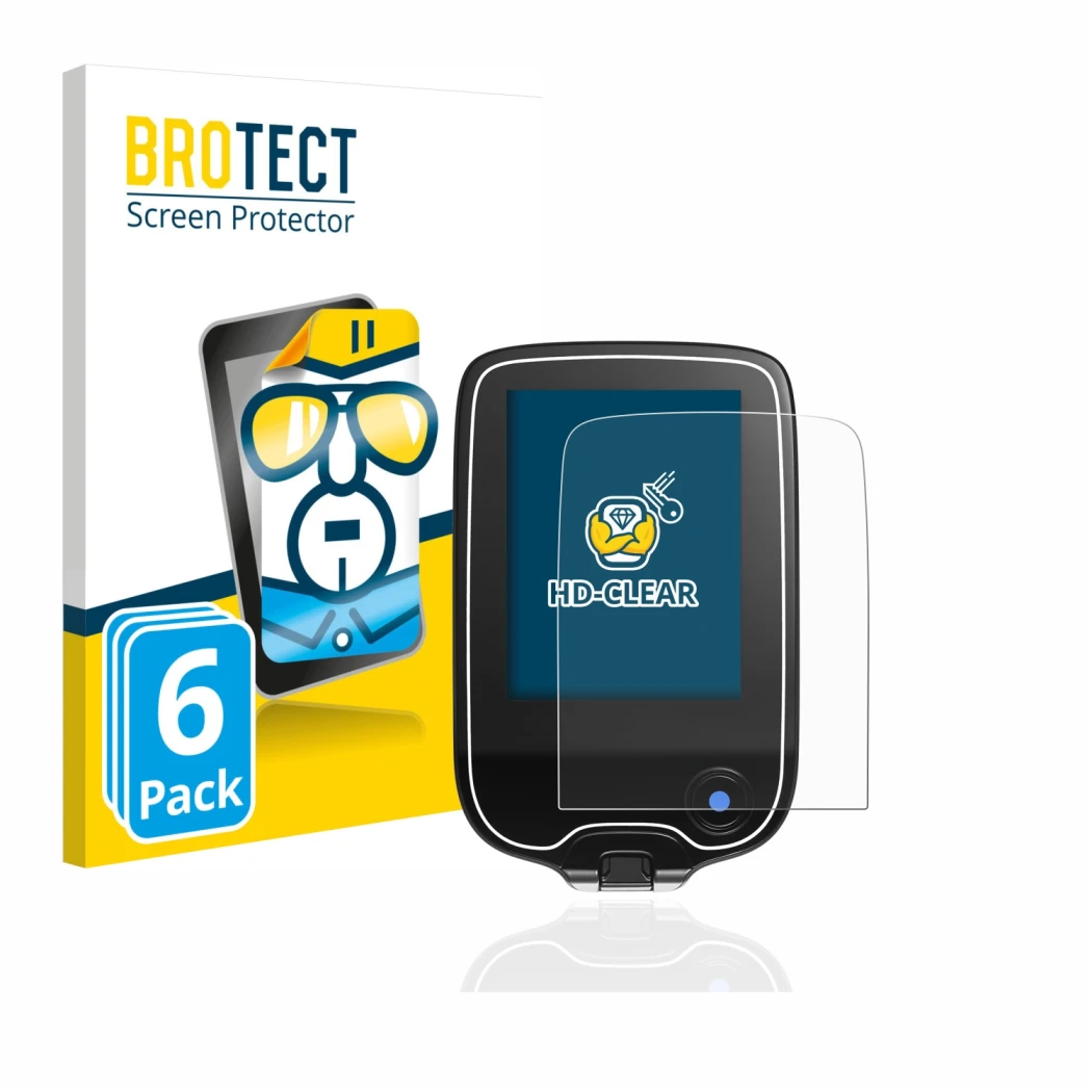 Parte frontal de un envase de producto con el logotipo de la marca BROTECT. Al lado se muestra el dispositivo Freestyle Libre