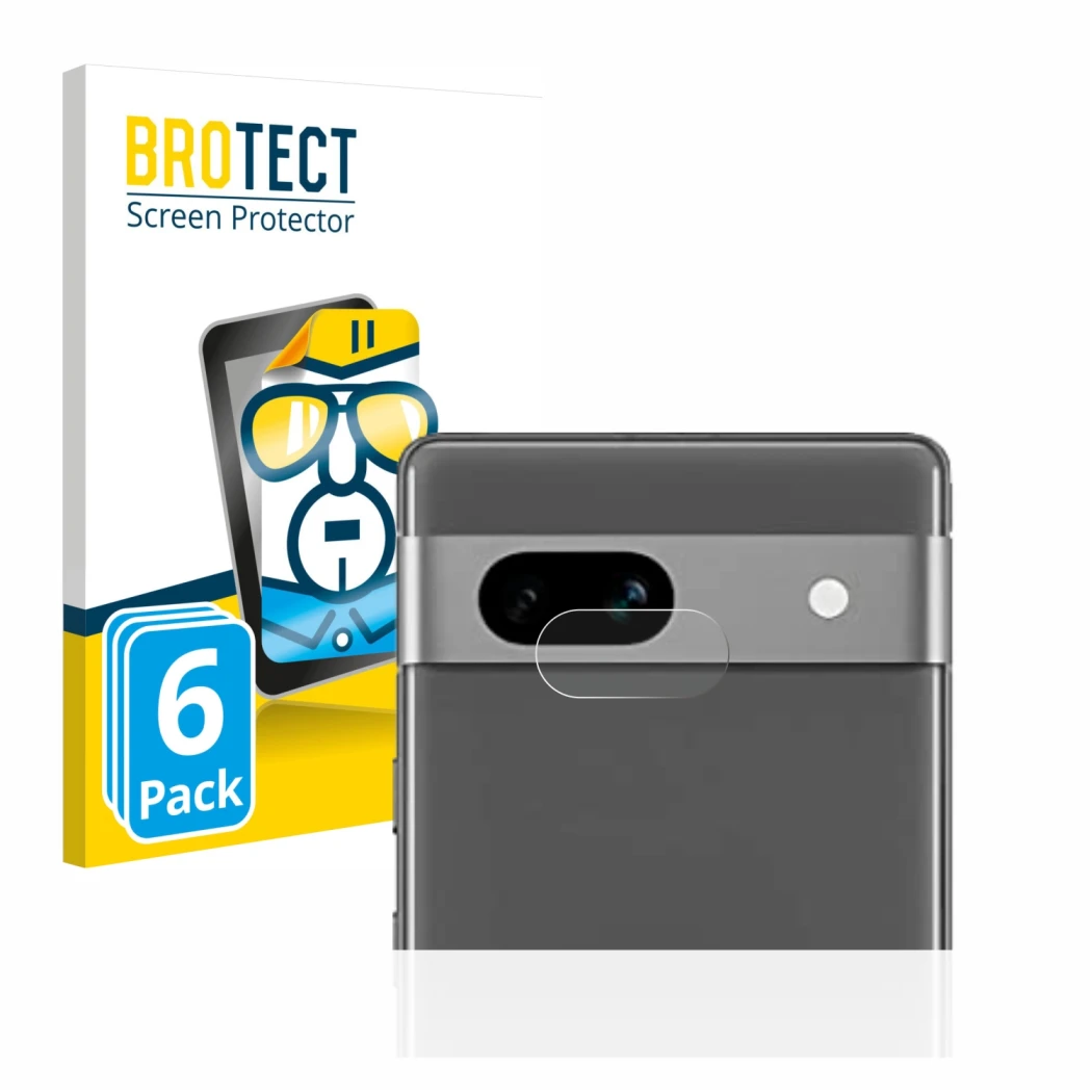 Parte frontal de un envase de producto con el logotipo de la marca BROTECT. Al lado se muestra el dispositivo Google Pixel 7a