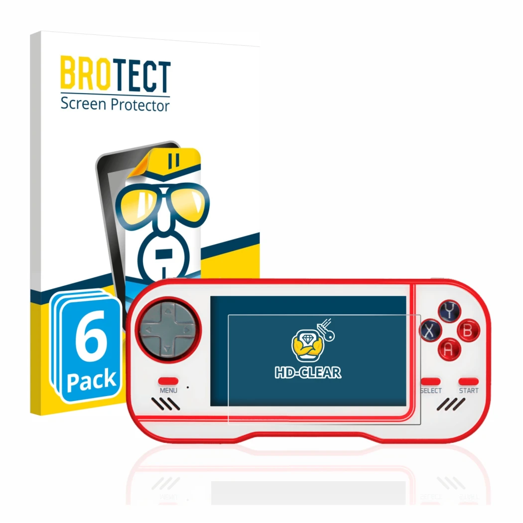 Parte frontal de un envase de producto con el logotipo de la marca BROTECT. Al lado se muestra el dispositivo Blaze Evercade c