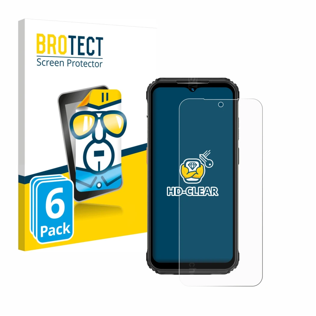 Parte frontal de un envase de producto con el logotipo de la marca BROTECT. Al lado se muestra el dispositivo Ulefone Armor 21