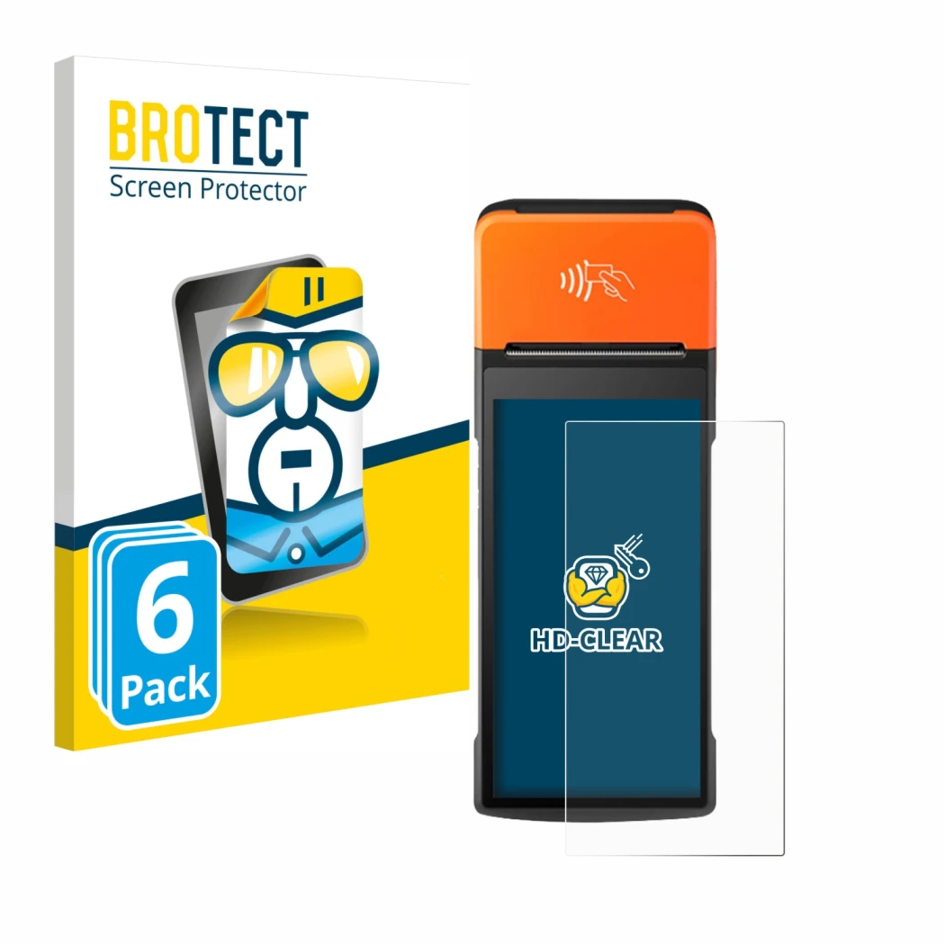 Parte frontal de un envase de producto con el logotipo de la marca BROTECT. Al lado se muestra el dispositivo Sunmi V2 Pro con