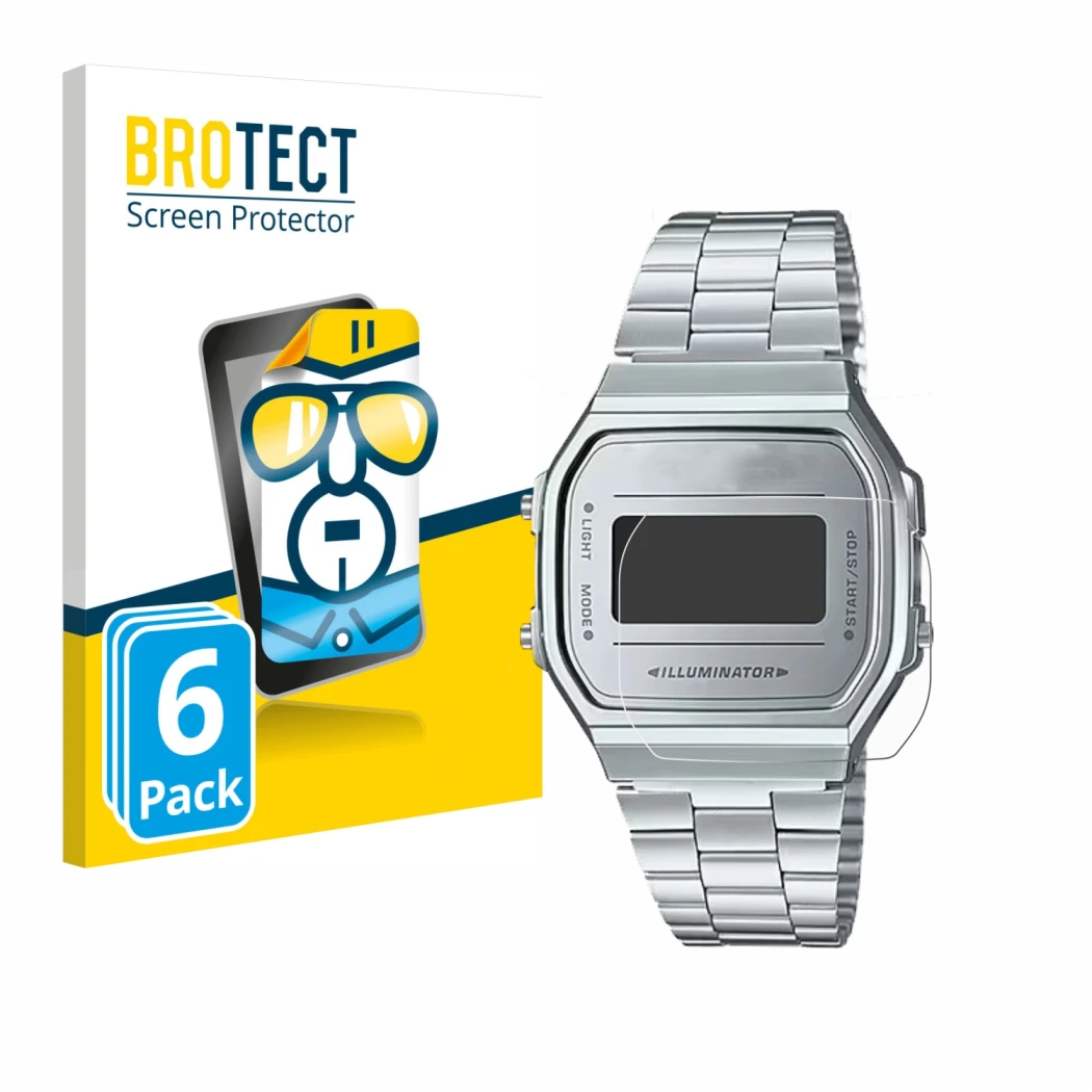 Parte frontal de un envase de producto con el logotipo de la marca BROTECT. Al lado se muestra el dispositivo Casio A168WEM-7E