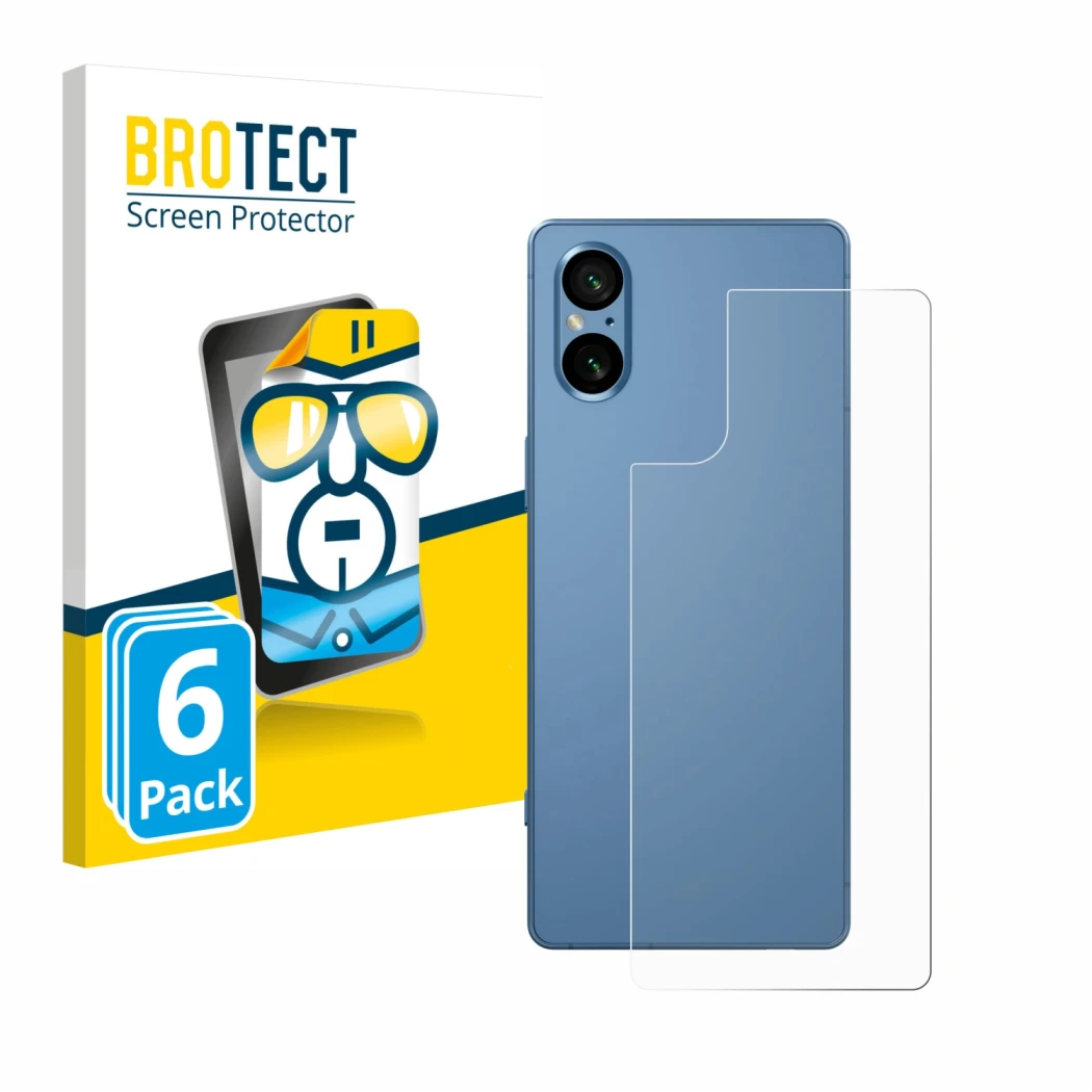 Parte frontal de un envase de producto con el logotipo de la marca BROTECT. Al lado se muestra el dispositivo Sony Xperia 5 V 