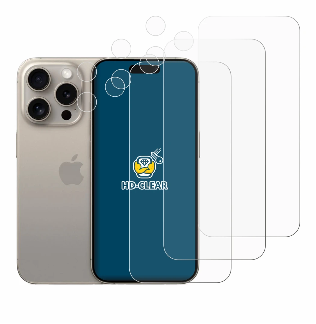 Imagen del dispositivo Apple iPhone 15 Pro (Frontal+Cámara) con una amplia variedad de protectores de pantalla.