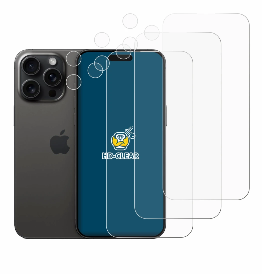 Imagen del dispositivo Apple iPhone 15 Pro Max (Frontal+Cámara) con una amplia variedad de protectores de pantalla.