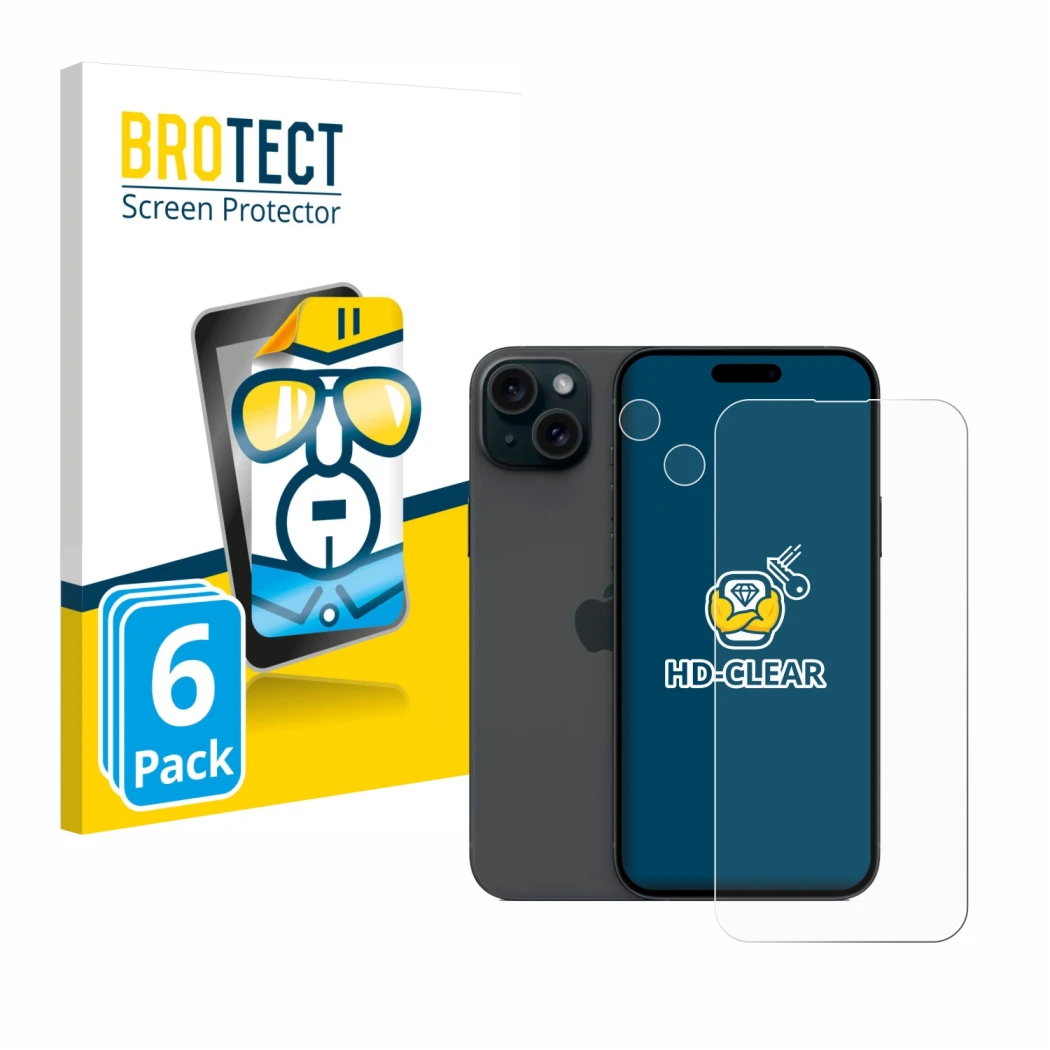 Parte frontal de un envase de producto con el logotipo de la marca BROTECT. Al lado se muestra el dispositivo Apple iPhone 15