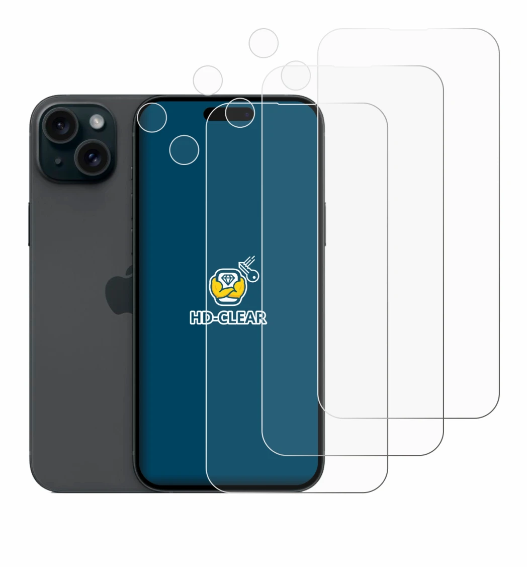 Imagen del dispositivo Apple iPhone 15 Plus (Frontal+Cámara) con una amplia variedad de protectores de pantalla.