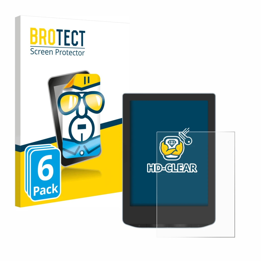 Parte frontal de un envase de producto con el logotipo de la marca BROTECT. Al lado se muestra el dispositivo PocketBook Verse