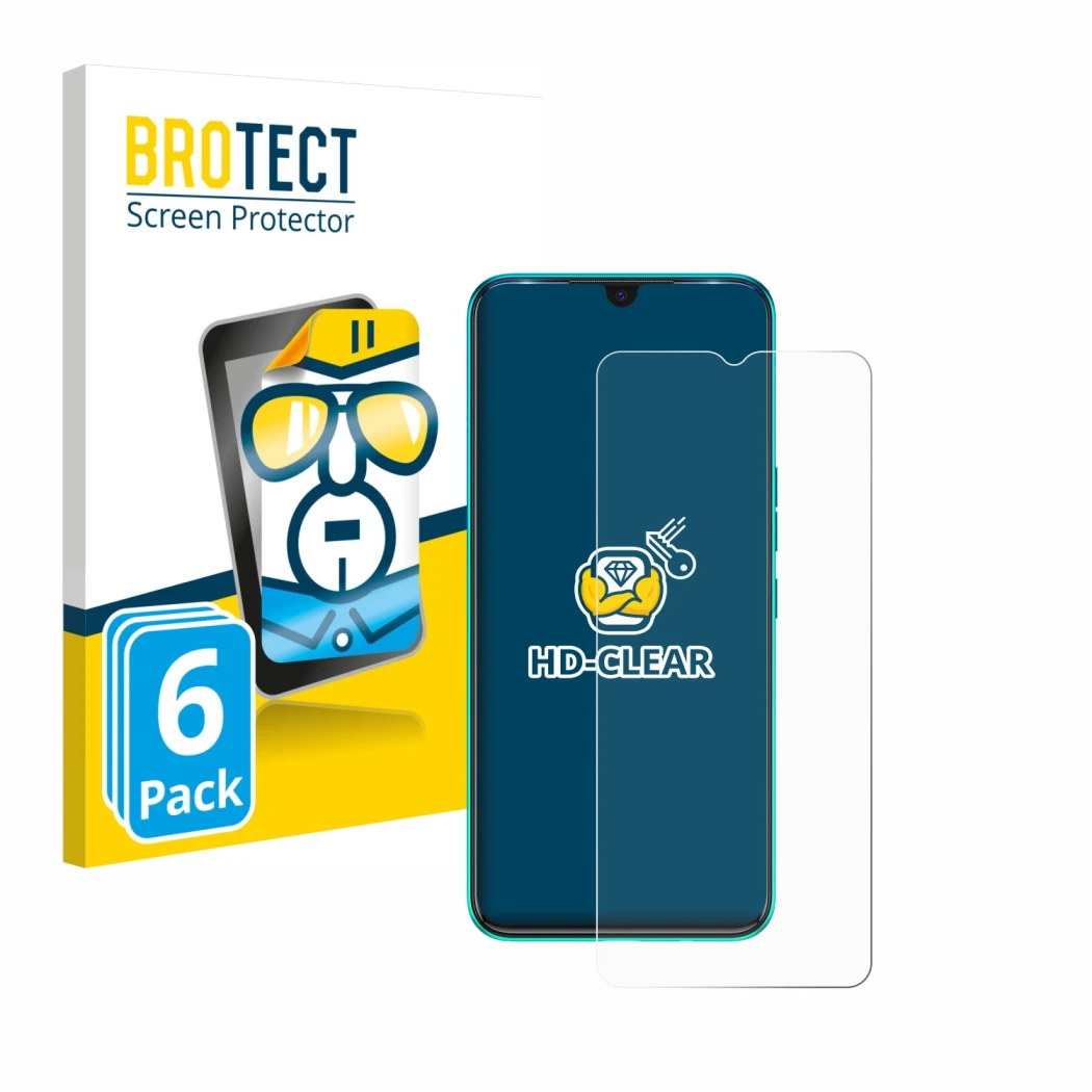 Parte frontal de un envase de producto con el logotipo de la marca BROTECT. Al lado se muestra el dispositivo Tecno Spark 7 co