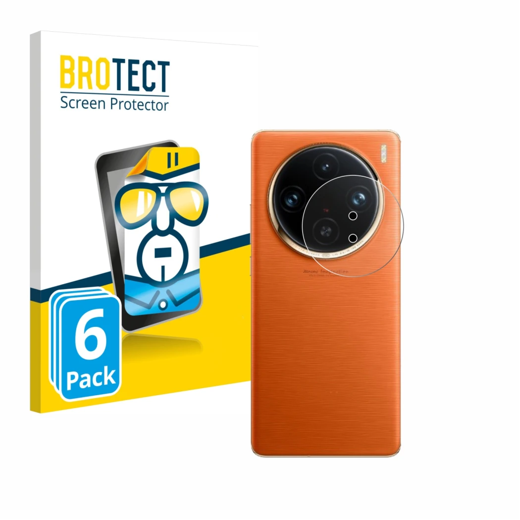 Parte frontal de un envase de producto con el logotipo de la marca BROTECT. Al lado se muestra el dispositivo Vivo X100 Pro (S