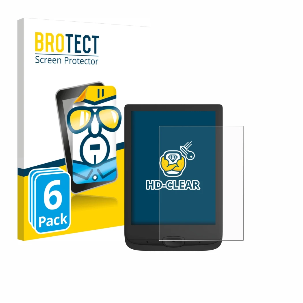 Parte frontal de un envase de producto con el logotipo de la marca BROTECT. Al lado se muestra el dispositivo PocketBook Basic