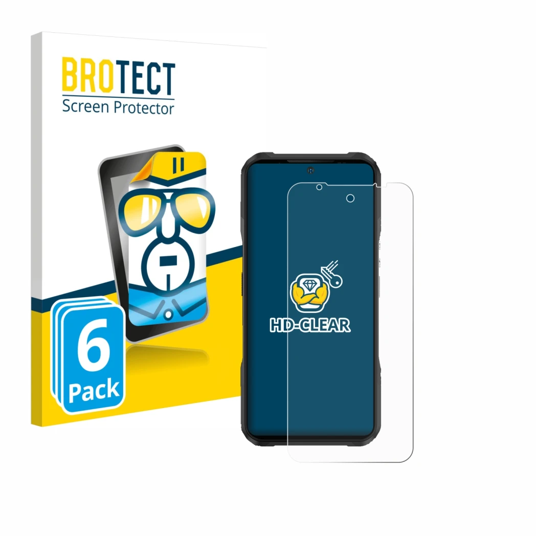 Parte frontal de un envase de producto con el logotipo de la marca BROTECT. Al lado se muestra el dispositivo Doogee V20S con 