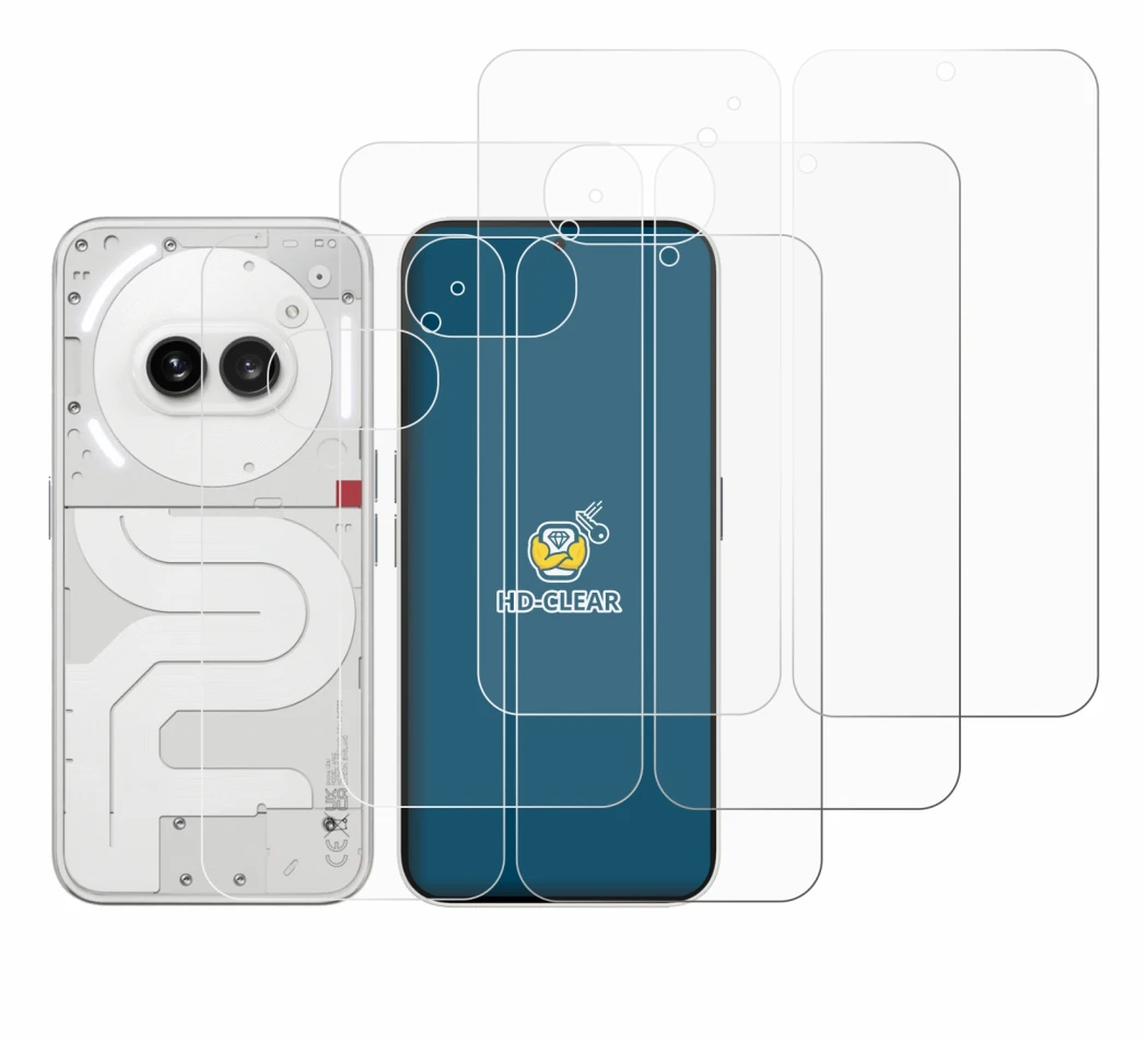 Imagen del dispositivo Nothing Phone (2a) (Frontal+Trasero) con una amplia variedad de protectores de pantalla.