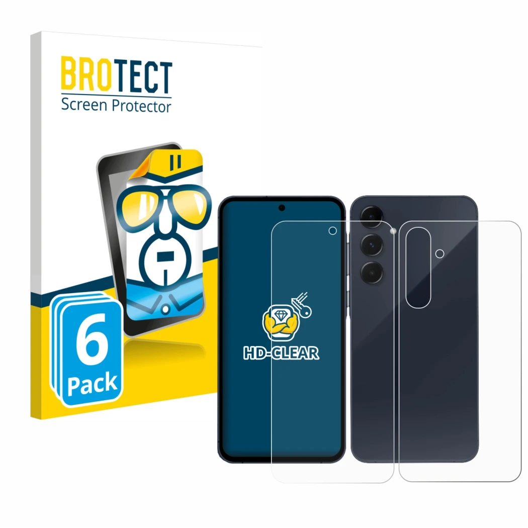 Parte frontal de un envase de producto con el logotipo de la marca BROTECT. Al lado se muestra el dispositivo Samsung Galaxy A