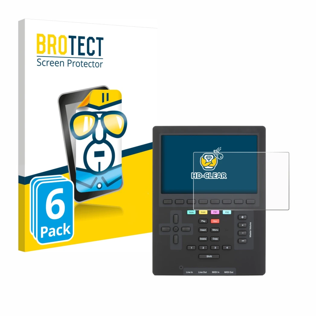 Parte frontal de un envase de producto con el logotipo de la marca BROTECT. Al lado se muestra el dispositivo Polyend Tracker