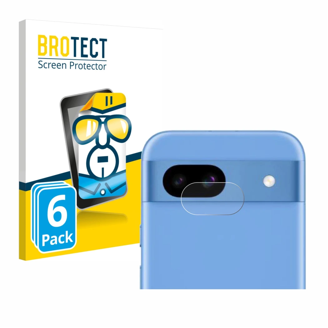Parte frontal de un envase de producto con el logotipo de la marca BROTECT. Al lado se muestra el dispositivo Google Pixel 8a 