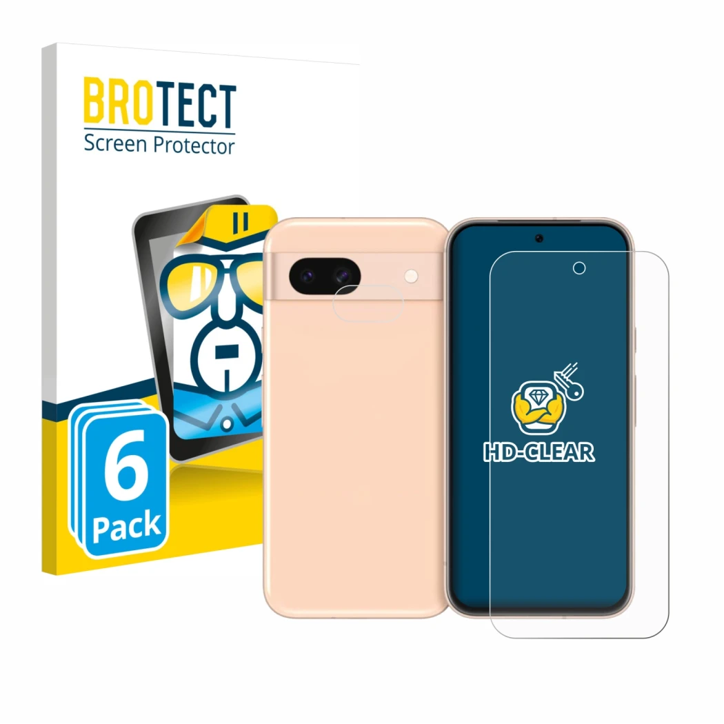 Parte frontal de un envase de producto con el logotipo de la marca BROTECT. Al lado se muestra el dispositivo Google Pixel 8a 