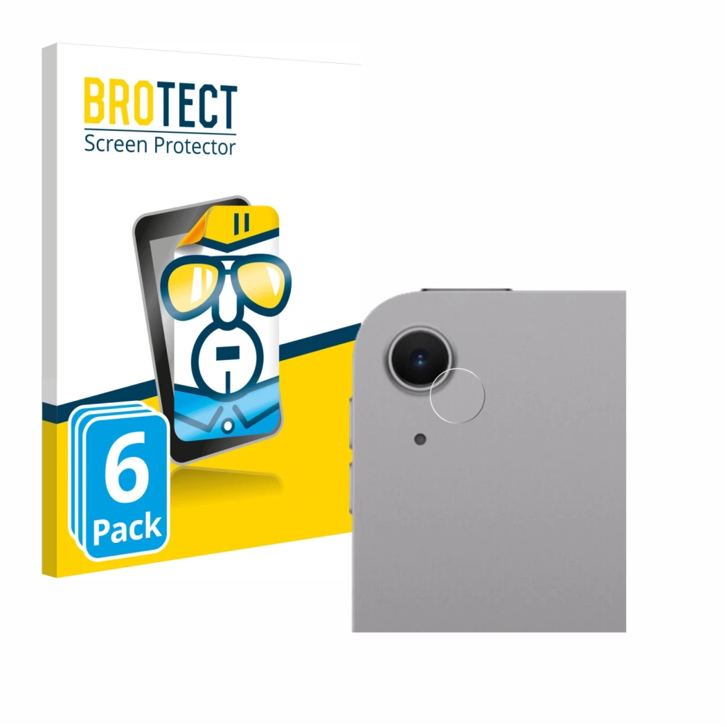 Parte frontal de un envase de producto con el logotipo de la marca BROTECT. Al lado se muestra el dispositivo Apple iPad Air 1