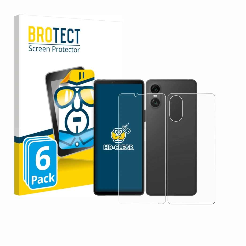 Parte frontal de un envase de producto con el logotipo de la marca BROTECT. Al lado se muestra el dispositivo Sony Xperia 10 V