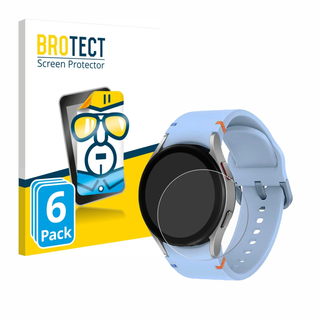 Parte frontal de un envase de producto con el logotipo de la marca BROTECT. Al lado se muestra el dispositivo Samsung Galaxy W