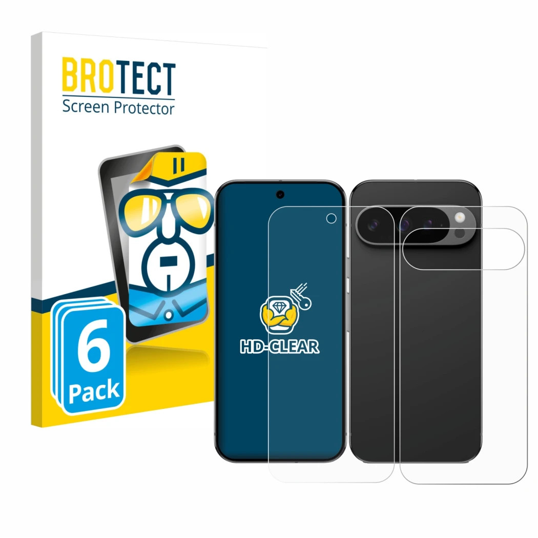 Parte frontal de un envase de producto con el logotipo de la marca BROTECT. Al lado se muestra el dispositivo Google Pixel 9 P
