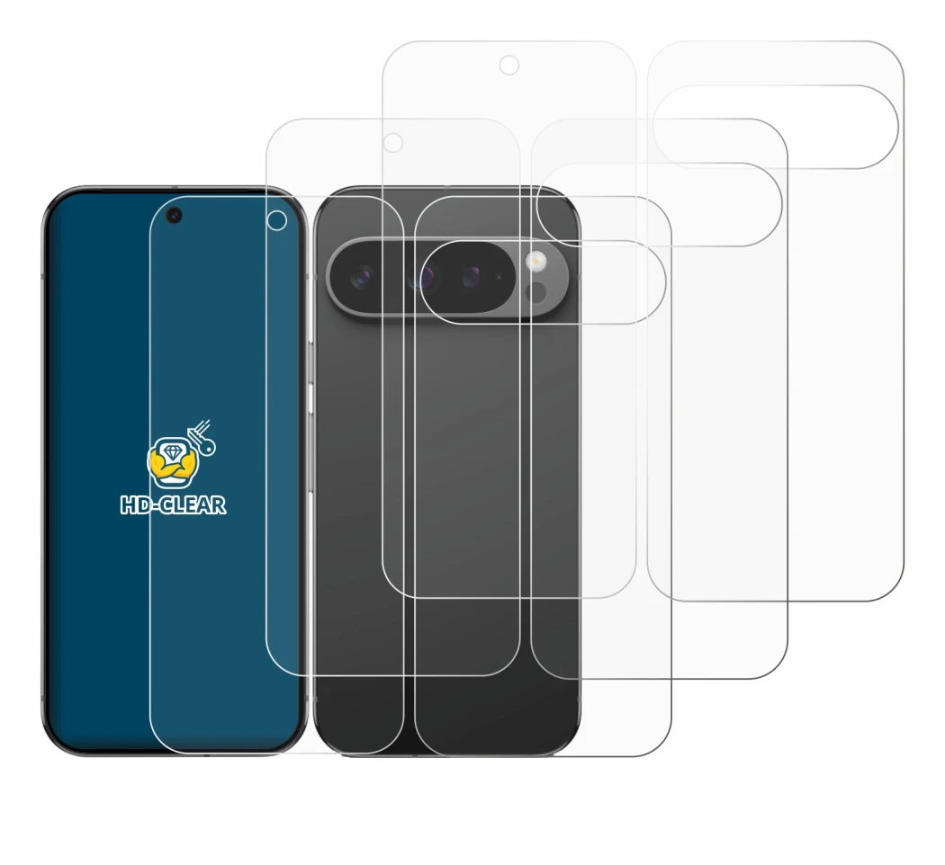 Imagen del dispositivo Google Pixel 9 Pro (Frontal+Trasero) con una amplia variedad de protectores de pantalla.
