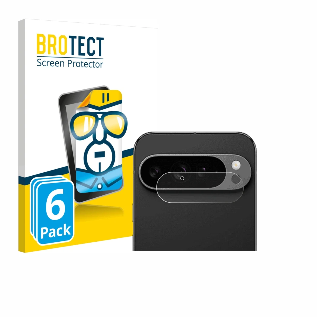 Parte frontal de un envase de producto con el logotipo de la marca BROTECT. Al lado se muestra el dispositivo Google Pixel 9 P