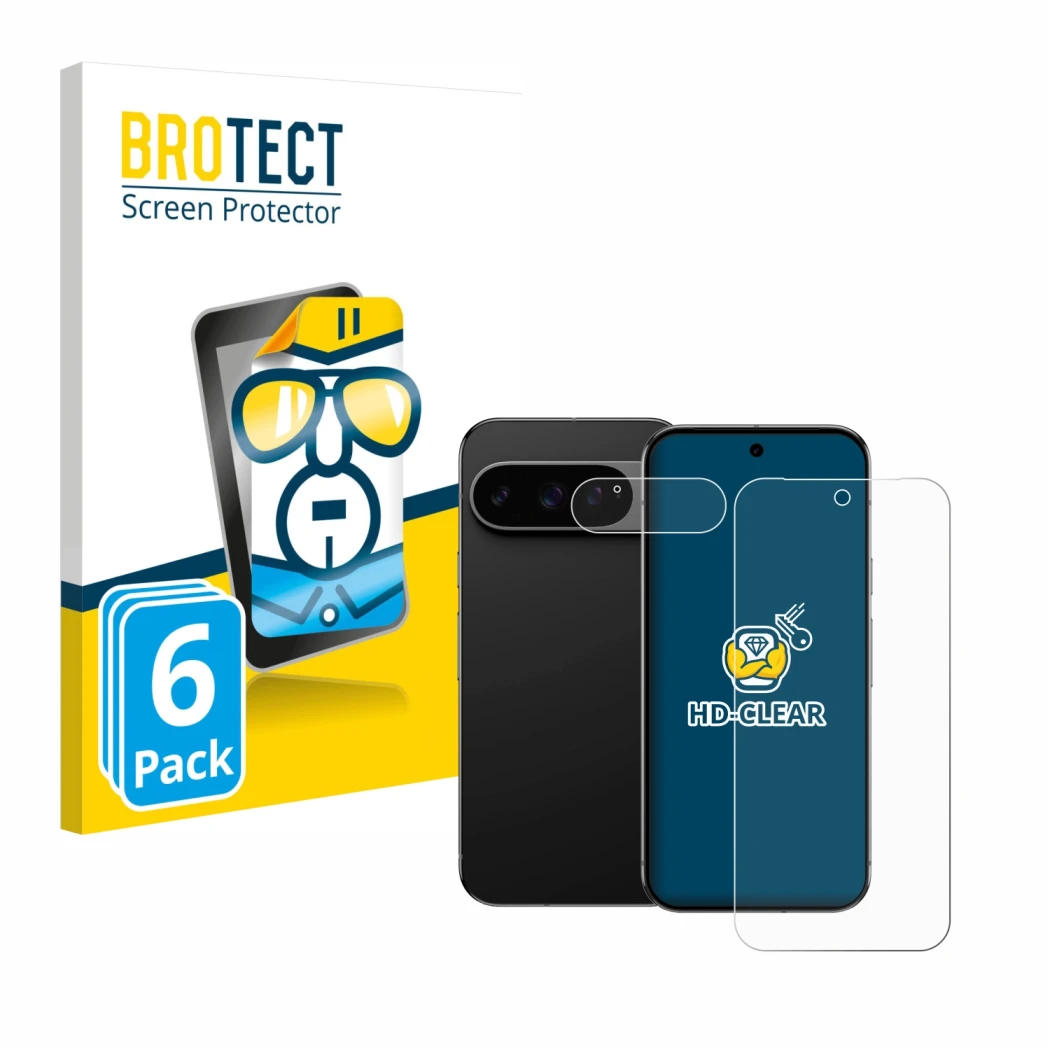 Parte frontal de un envase de producto con el logotipo de la marca BROTECT. Al lado se muestra el dispositivo Google Pixel 9 P